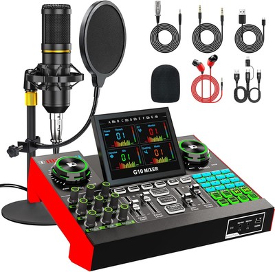 Podcast Microphone Bundle with Live Sound Card Audio Mixer, Podcast... 