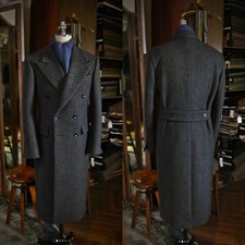 Dark Grey Wool Men Long Overcoat Double Breasted Knee Length Men Long Jacket
