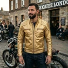 Leather Jacket Men's Biker Motorcycle Style Men Genuine Real Racer Soft Gold 7