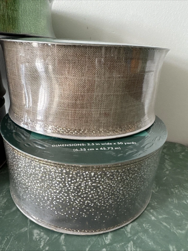 Lot Of 5 Christmas Holiday Wire Edge Ribbon Gold Green Plaid Glitter 2.5” & 1.5” - Image 3 of 4