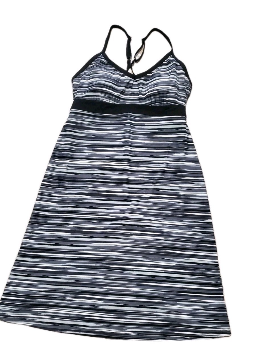 NWT Athleta Printed Shore Swim Dress S Small Black Gray Striped Bra 814276