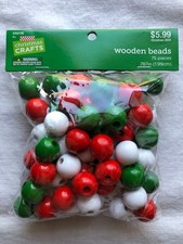 New Pack of 75 Red, Green, White Round Wood Beads 3/4" diam Christmas Crafts