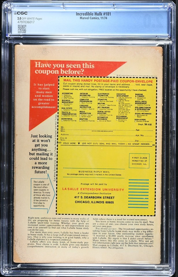 Incredible Hulk #181 - Marvel Comics 1974 CGC 2.0 - 1st appearance of ...