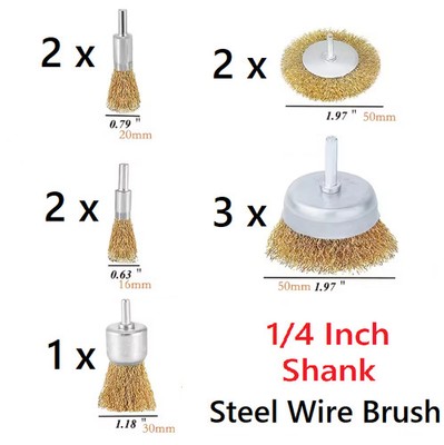 10-teiliges sortiertes Drahtbürste & Becher-Set für Bohrer - 1/4 Zoll Schaft grob gecrimpter Stahl