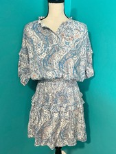 Yakira Bella M Blue Orange Paisley Print Smocked Waist Ruffle Dress