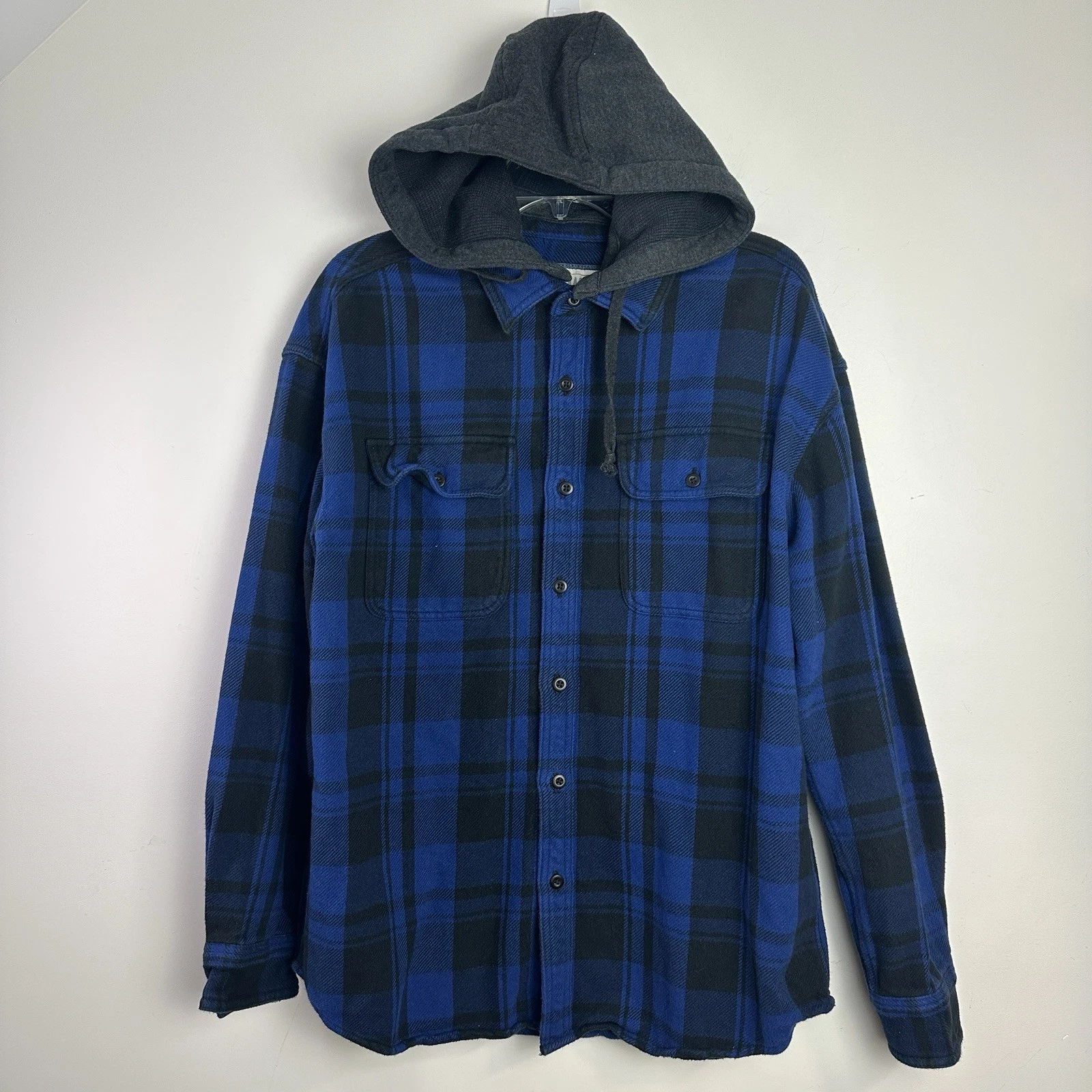American Eagle Shirt Mens Large Plaid Flannel Removable Thermal Hood Shacket