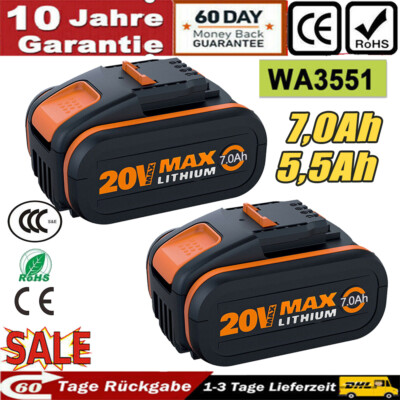 2 Stück Akku für Worx 20 V MAX 7,0Ah Akku WA3551.1, WA3572, WA3553, WX390, WX176