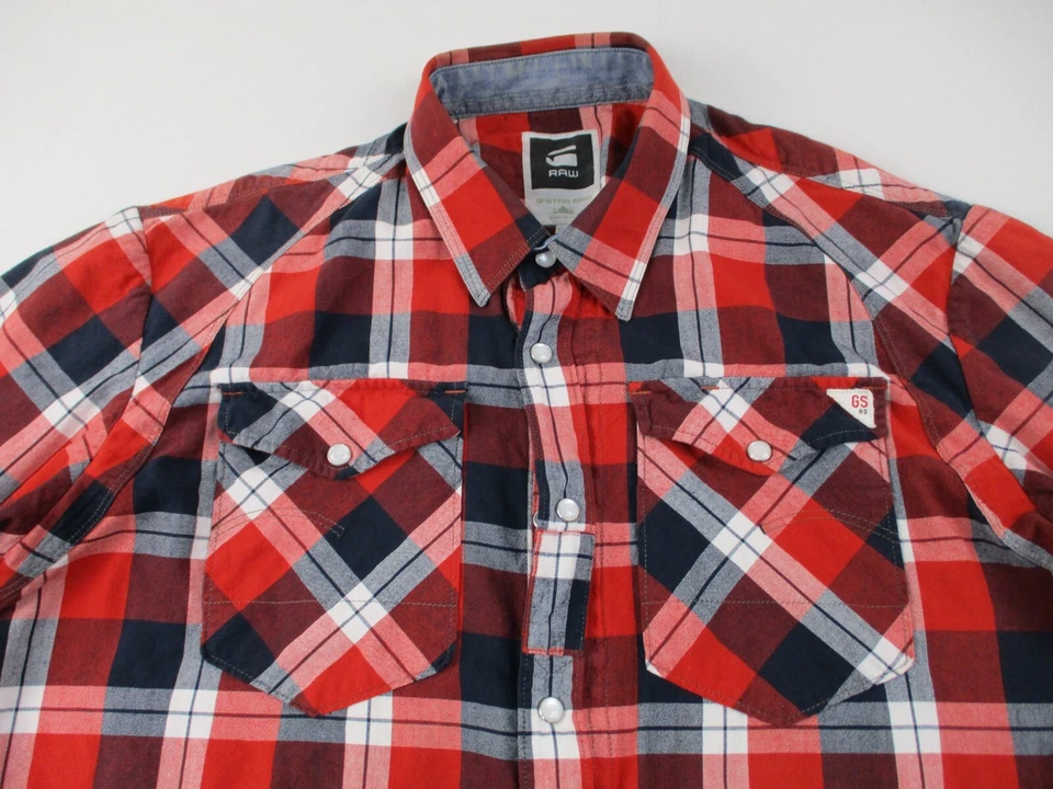 Camisa G Star Raw Arizona Elijah Para Hombres XL Roja A Cuadros Abotonada Perla A Presión Cremallera Completa Foto 3 de 4