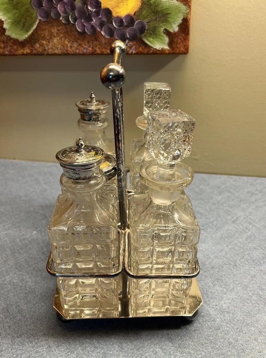 アンティーク雑貨 Antique Condiment Set (6 Pieces) Vintage Etched Glass 6 Piece Cruet Condiment Set Silver Plate