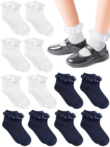 12 Pairs Girls Ruffle Socks Turn Cuff Lace Ankle Uniform Dress School Socks f...