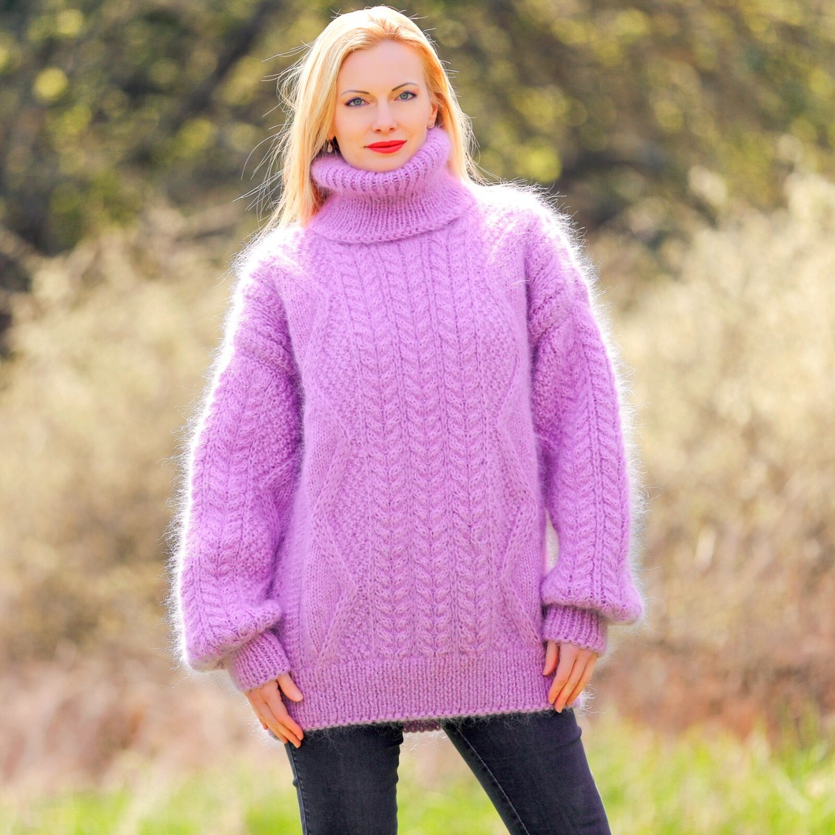 SUPERTANYA purple mohair sweater cable pullover fuzzy hand knit