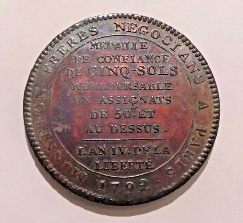 Five Sols 1792 France Republic Bronze Rare Excellent Grade with Beautiful Patina - Picture 6 of 7
