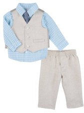 Infant Boys Suit Blue  Tan Baby Dress Up Outfit Shirt Vest Tie  Pants