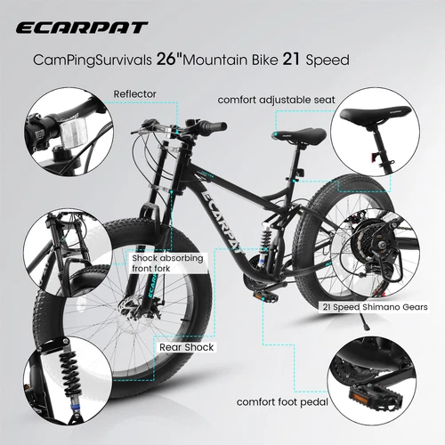26" Mountain Bike,Full-Suspension 21 Speeds w/Disc-Brake MTB Bicycle, Fat Tire - Picture 7 of 42