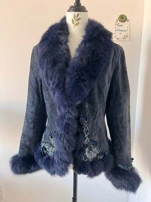 Vintage Navy Suede Jacket with Real Fox Fur Beaded Floral Embroidery S-M Boho