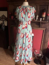 EMPORIO ARMANI STUNNING BLUE RED TULIP PURE SILK VINTAGE STYLE DRESS Sz 14 NWT
