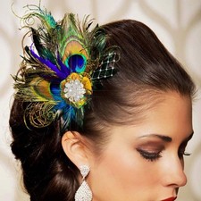 Yokawe Peacock Feather Hair Clip 1920s Fascinator with Rhinestone Flapper Pro...