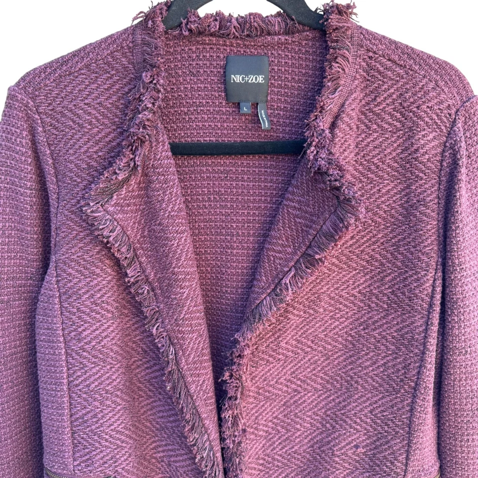 Nic+Zoe Purple Fringe Tweed Chic Textured Open Front Zip Pockets Blazer Jacket L - Image 3 of 4