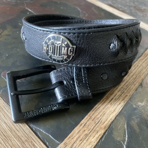 Vintage Harley Davidson Black Leather Belt Men’s Metal And Worn Leather