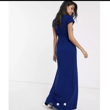 NWT ASOS DESIGN Tie Waist Wrap Navy Blue Gown Maxi Dress Short Sleeves Size 6