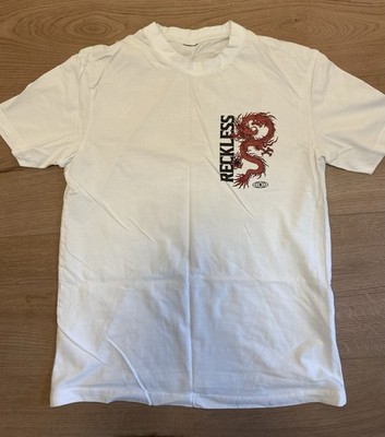 Reckless T-Shirt Herren Gr. XS Weiß Baumwolle Kurzarm Rundhals Drache Print