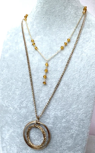 vtg *2 Necklaces Stack* Orange & GOLD bead chain textured Jewelry Lot 1980s Y2K