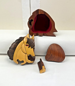 Horse *Wood Puzzle Jewelry Box* Trinket Secret Compartment Intarsia Hide Carved