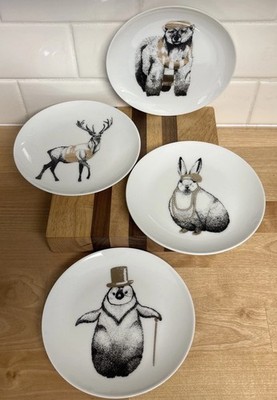 Threshold Dessert Appetizer Dapper Animal Plates Set 4 Deer Rabbit Bear Penguin