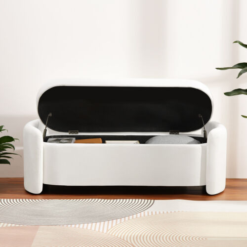 Teddy Velvet Long Storage Bench Ottoman Upholstered End of Bed Stool White - Picture 3 of 15