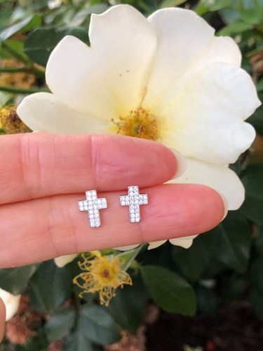 925 Sterling Silver Cz Cross Stud Earrings Tiny Pave Studs Mens Womens 9mm