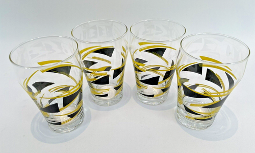 Vintage Small Tumblers x 4 Yellow & Black Geometric MCM Retro Home Bar - Picture 3 of 8