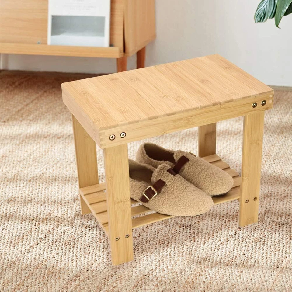 Bamboo Step Stool With Storage Shelf Bamboo Footrest Bench For Bathroom Living R - Image 3 of 4