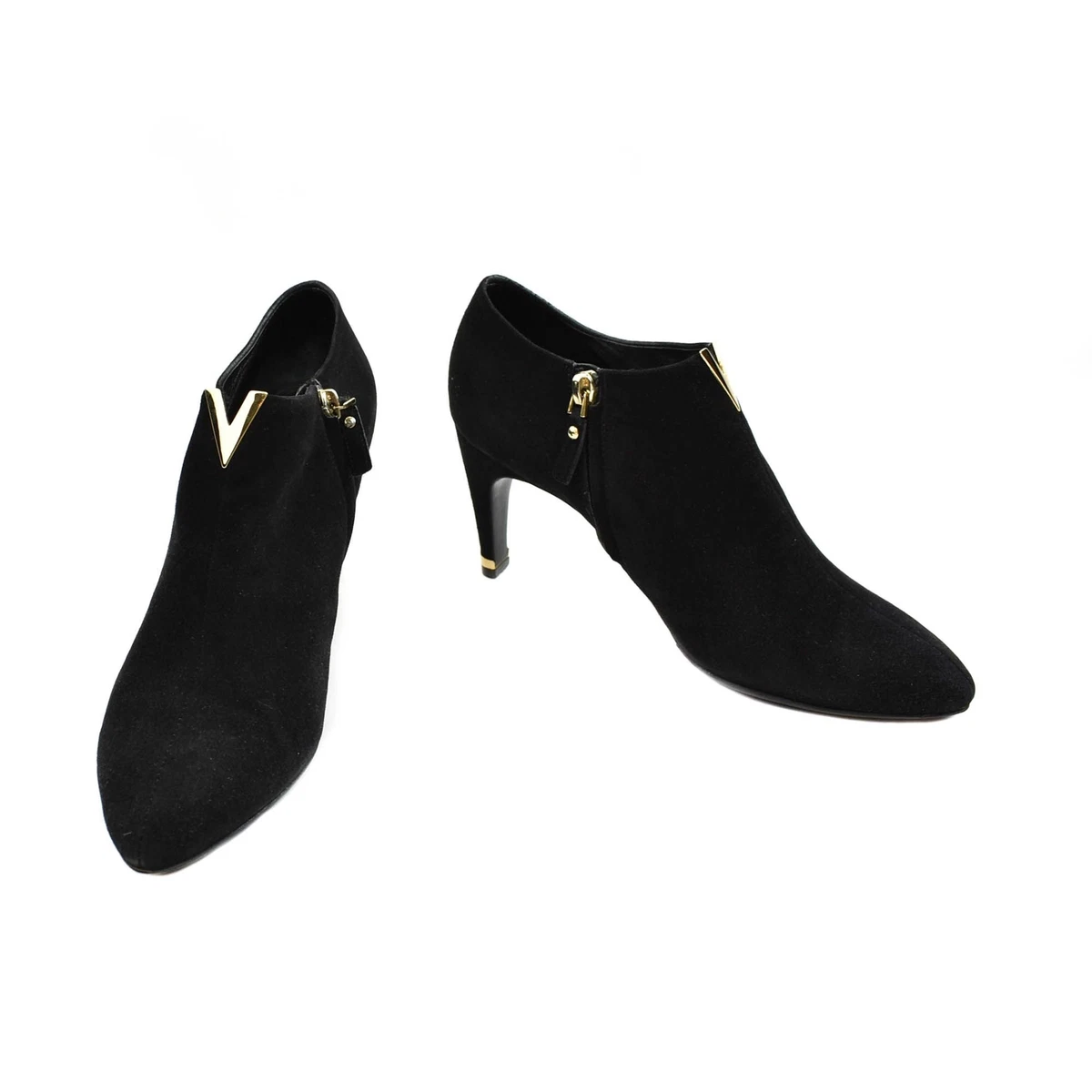 LOUIS VUITTON: Black, Nubuck Gold Metal V Logo Bahiana Booties Size: 8