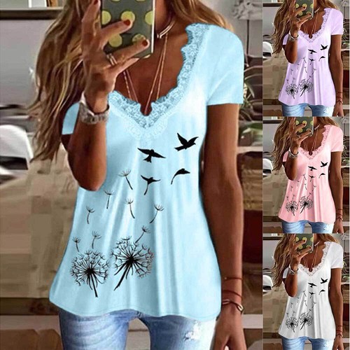 Womens Summer Casual Lace V-Neck Floral T-Shirt Tunic Blouse Tops Tee |