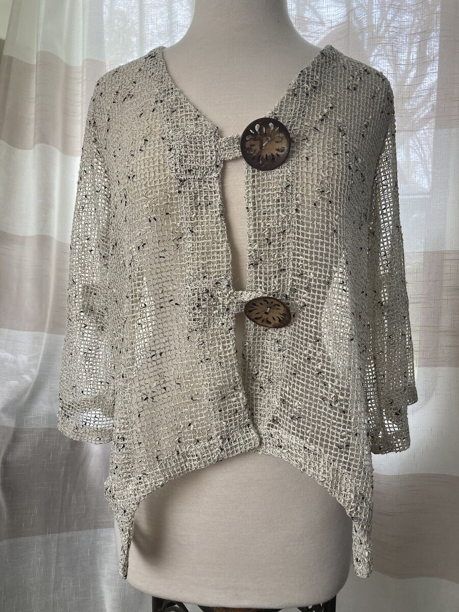 NINA LEONARD Mesh Cardigan Top Sz L Tan Open Weave Coconut NINA LEONARD Mesh Cardigan Top Sz L Tan Open Weave Coconut