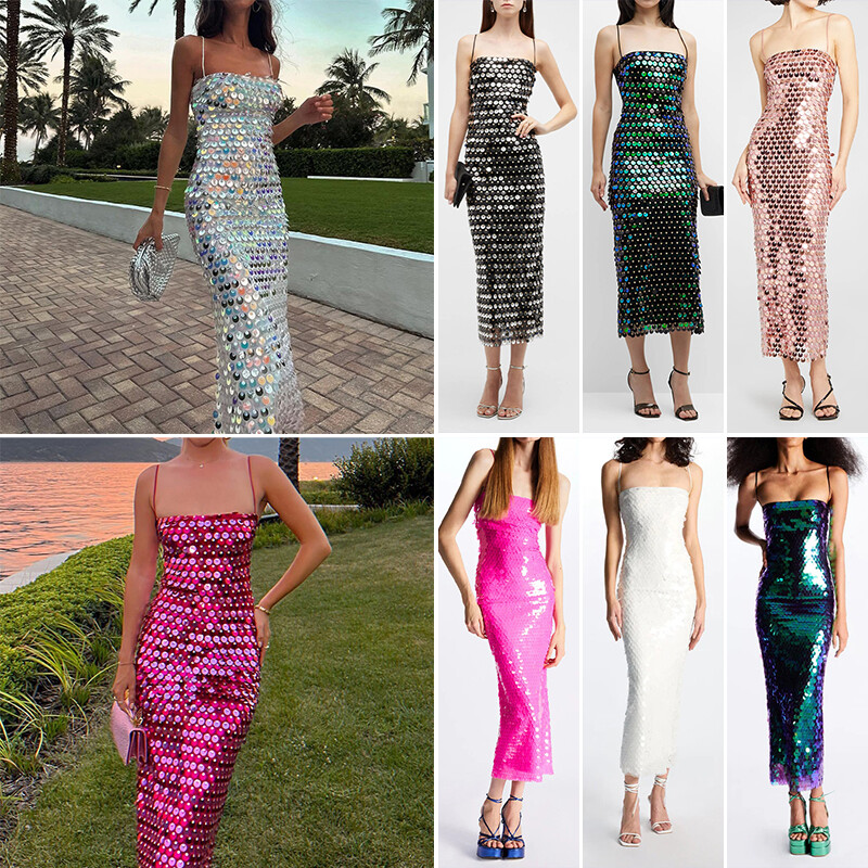 Women Sequins Spaghetti Strap Sleeveless Shiny Cocktail Dress Summer Club  Dress