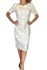 PAMELLA ROLAND White lace embroidered sheath cocktail dress lace short sleeve  6