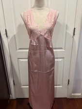 Women Lingerie Satin Nightgown Slip V Neck lace Pink Thin  Sz L (52"x19")