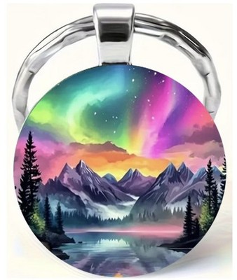 Northern Lights Pink Sky Glass Cabochon Dome Keychain Handmade