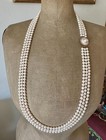 Triple Strand Pearl Diamond 14K Gold Necklace 36 Inch Opera Length 7mm Pearls — photo 9