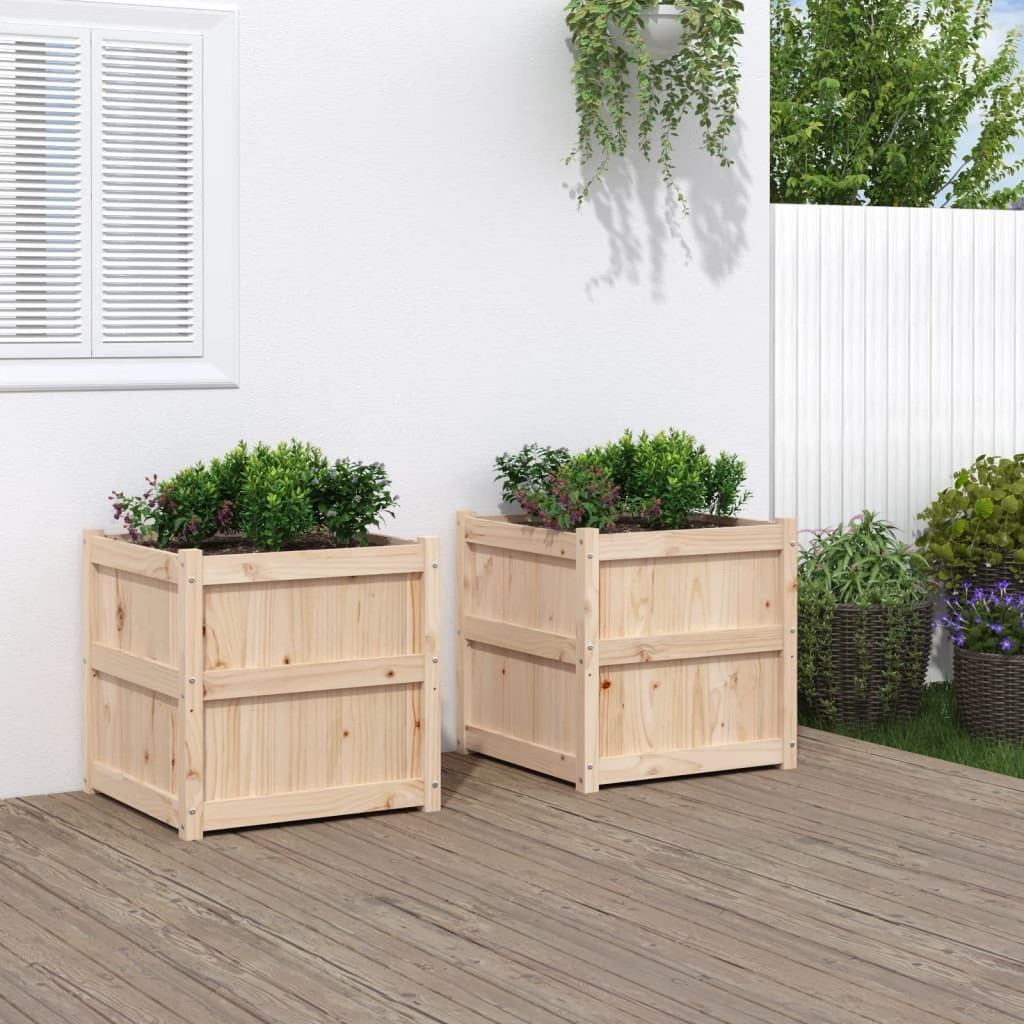 Garden Planter Set of 2 Natural Wood Solid Pine Wood