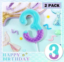 2 PACK! Mermaid Number 3 Birthday Candles, Sea Themed Cake Topper Cupcake Party