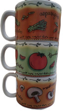 MSC Set Of  3 Vegetable Soup Mug Bowls Tomato Asparagus and Mushroom designs 