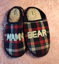 Dearfoams Cozy Comfort Mama Bear Plaid Slip-On Slippers Faux Fur Lined 9-10