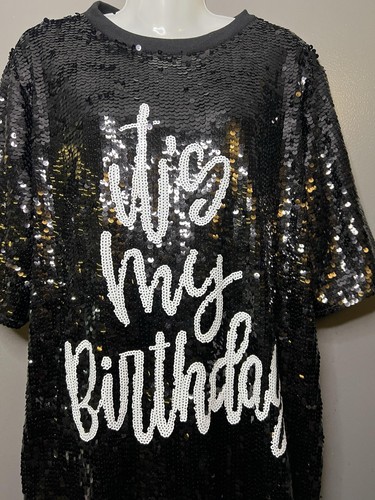 WHY DRESS T Shirt Dress Womens One Size Black Sequin It's My Birthday Mini