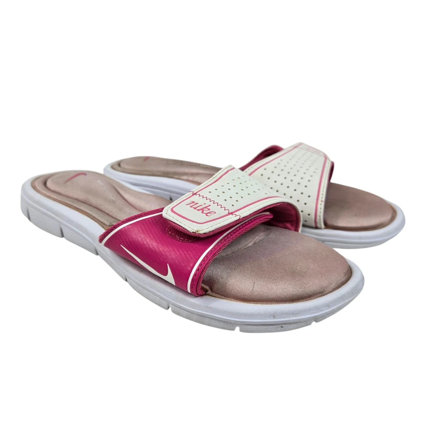 Vintage NIKE Comfort Gel plantare scivoli rosa bianco 360883 donna 9 ganci e occhielli