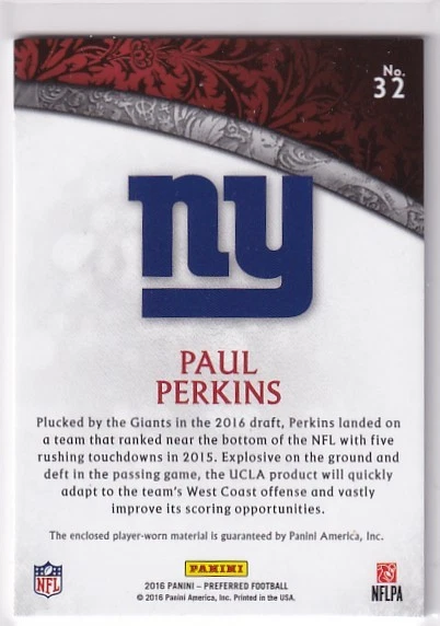 Paul Perkins 2016 Panini Crown Royale #32 Jumbo Rookie Silhouettes Jersey - Image 2 of 2