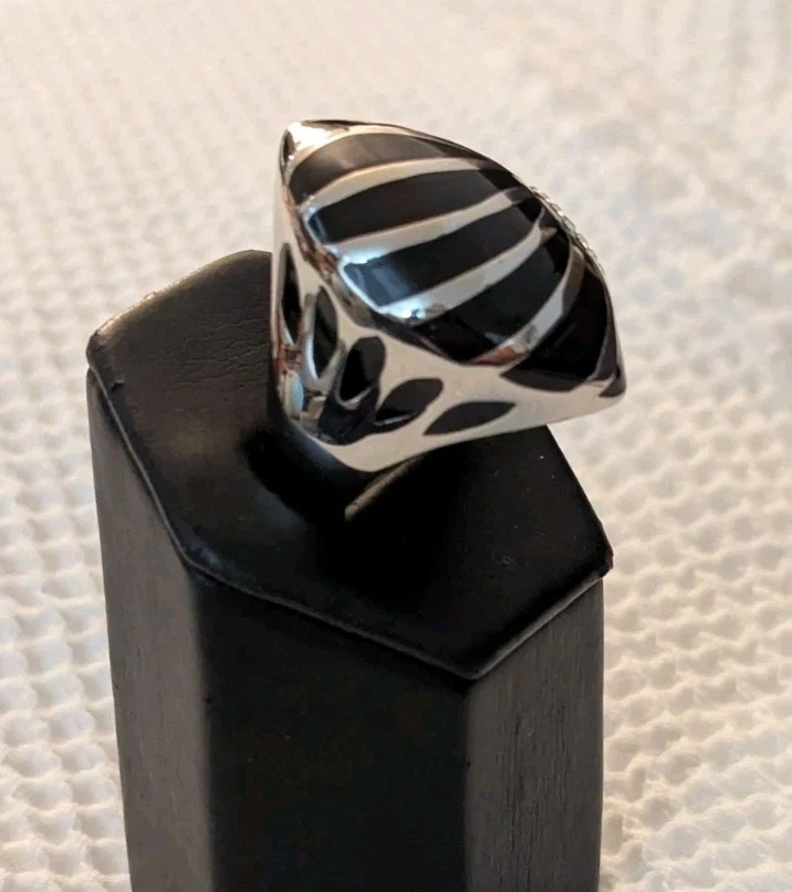 Сталь по дизайну ~ черная эмаль, фианиты и нержавеющая сталь кольцо размер: 8-3/4 до 9 ~ купол  - Изображение 3 из 4