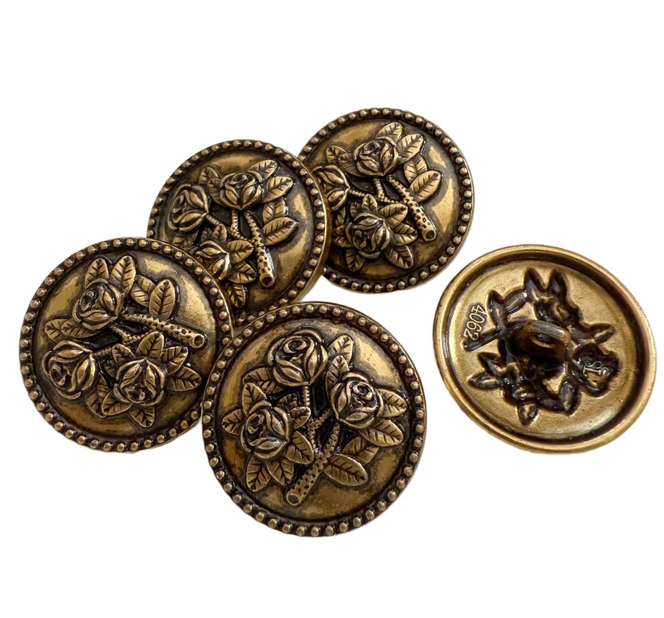 5PC Antiqued Bronze Rose Floral Metal Buttons Shank Buttons 23mm - Image 2 of 3