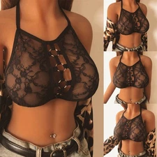 Sexy Women Lace Floral Mesh Sheer See-Through Halter Neck Bra Vest Tank Crop Top